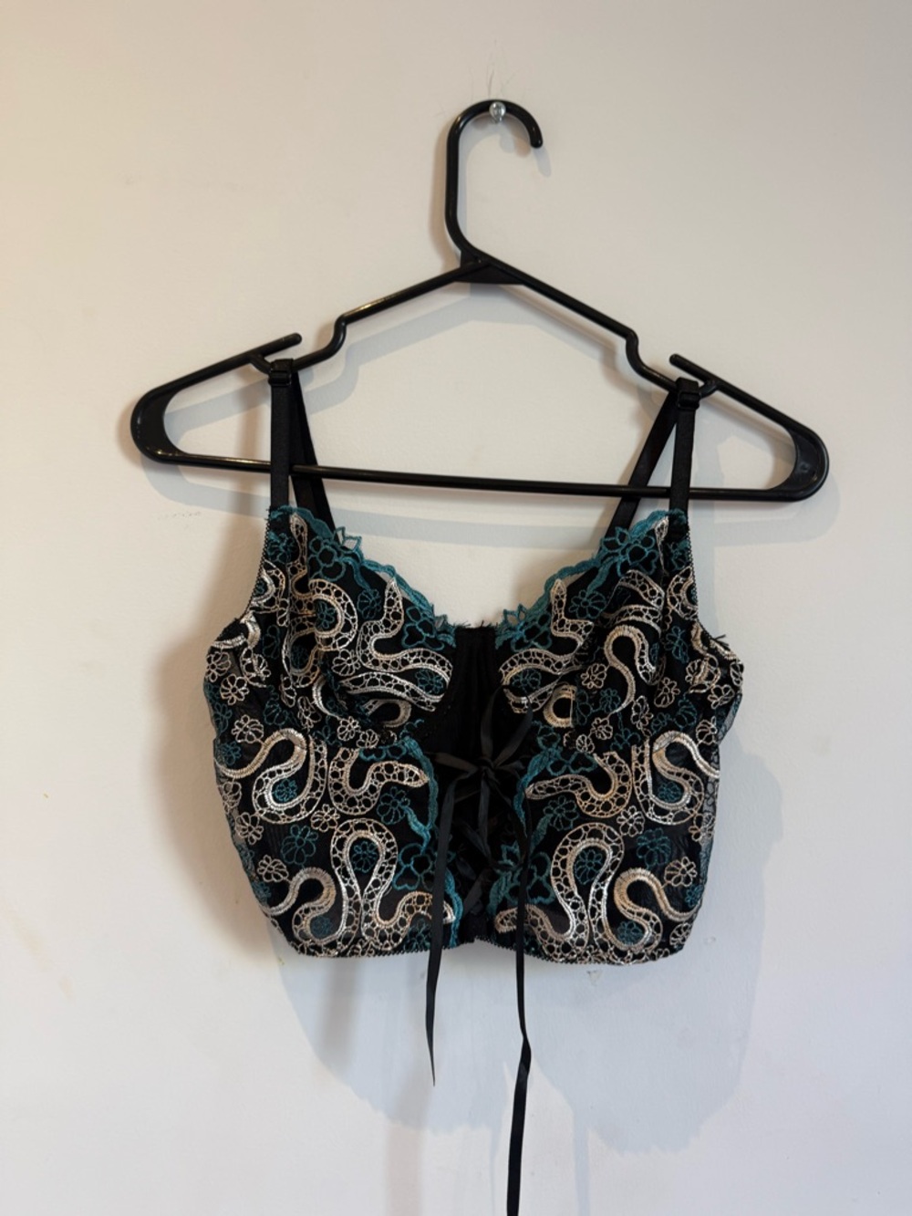 Black Lace-Up Cropped Lace Bustier Top - Teal & Cream Embroidery